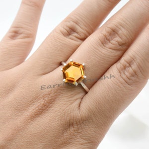 Hexagon Citrine Ring: 925 Sterling Silver November Birthstone
