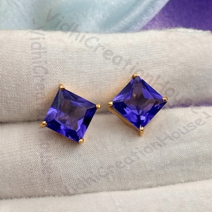 Square Tanzanite Stud Earrings: 925 Sterling Silver, December Birthstone
