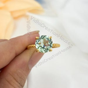 Natural Green Amethyst Ring, Women 18K Gold Round 10m Twisted Band Ring, 925 Silver, Prasiolite Solitaire Minimalist Ring, Handmade Jewelry