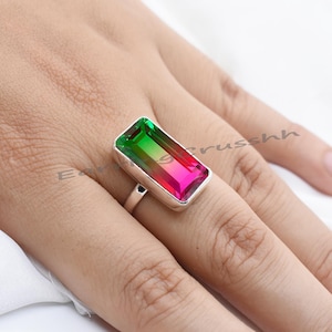 Rectangle Watermelon Tourmaline Ring: 925 Sterling Silver Cocktail Ring