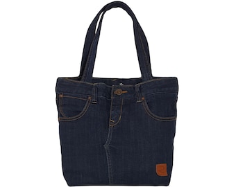 Dark blue tote bag, Upcycling handbag, Eco friendly shoulder bag, School bag ladies teenagers, Casual denim handbag, No waste work bag