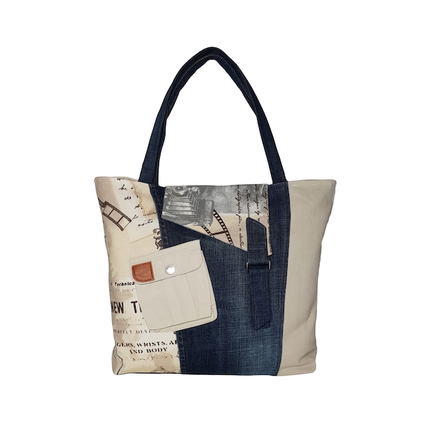 Jeanstasche blau, Beige Schultertasche, Alltagstasche, Bedruckte Canvas Handtasche, Große Arbeitstasche