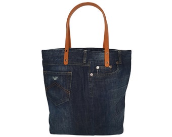 Denim Handbag large, Blue Shopping Bag, Plain Tote Bag, Leather Handles Jeans Bag, Spacious Bag Ladies, Christmas Gift for her
