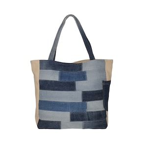 Upcycled denim bag, Patchwork tote bag, Repurposed jeans bag, Denim canvas bag, Casual Shopping Bag, Ladies Handbag