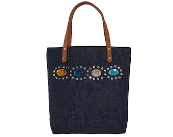 Denim Handbag with rhinestones, Big shoulder bag, Blue jeans bag, No waste tote bag