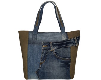 Large denim handbag, Ladies shoulder bag, Upcycled denim tote, Blue Khaki bag with front pocket, Casual no waste denim tote