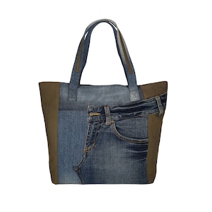 Große Jeans-Handtasche, Damen Umhängetasche, Upcycled Denim-Tasche, blaue Khaki Tasche mit Fronttasche, Casual keine Abfall Denim-Tasche