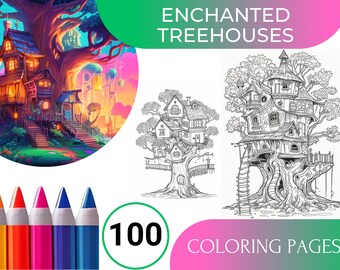 100 Enchanted Treehouse Coloring Pages - Tree House - For Adults and Kids - (Enchanted Treehouse Coloring Book)