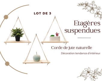 Lot de 3 étagères en bois suspendues avec une corde de jute naturelle 40x15cm Installation en 30 secondes - crochets inclus - FitYo