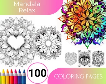 100 Mandala Coloring Book - Adults Kids Coloring Pages - Printable PDF File