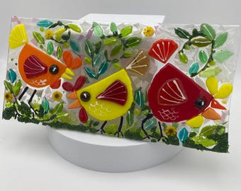 Fused Glass Hen Party three chickens playing in the grass/glass suncatcher