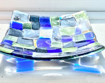 Mosaikglasskål, handgjord blågrön mittdekoration