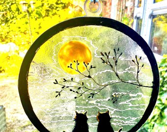 Fused Glass pair of silhouette Cats Suncatcher