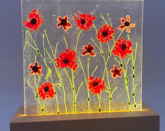 Petite lampe coquelicot/perce-neige en verre fusionné