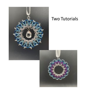 May include: Two silver chainmaille ornaments with a crystal bead in the center. The ornament on the left is blue and the ornament on the right is blue and purple.