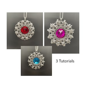May include: Three silver chainmaille ornaments with different colored gemstones in the center. The ornaments are hanging from a string. The text "3 Tutorials" is visible below the ornaments.
