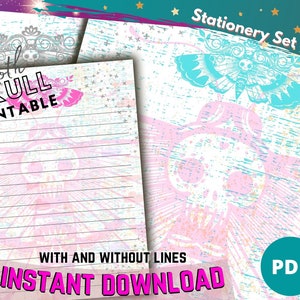 May include: A stationery set of three printable pages featuring a moth and skull graphic in pink and teal colors. The design includes a distressed texture, star accents, and horizontal lines. Text on the image reads: Stationery Set of 3, moth SKULL PRINTABLE, WITH AND WITHOUT LINES, INSTANT DOWNLOAD, and PDF.