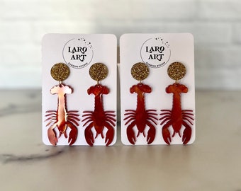 Crawfish with gold glitter top laser cut acrylic earrings - #163