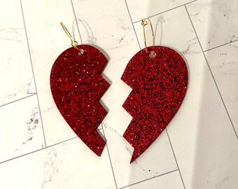 Large ruby red broken hearts on hoops