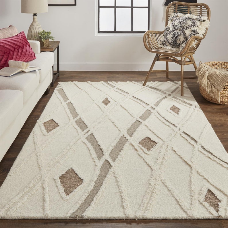 14 x 16 Wool Rug | Cream Color | Hand Tufted, 8x10, 8x11, 8x13, 9x10 | Funky Rug | Living Room | Contemporary Carpet