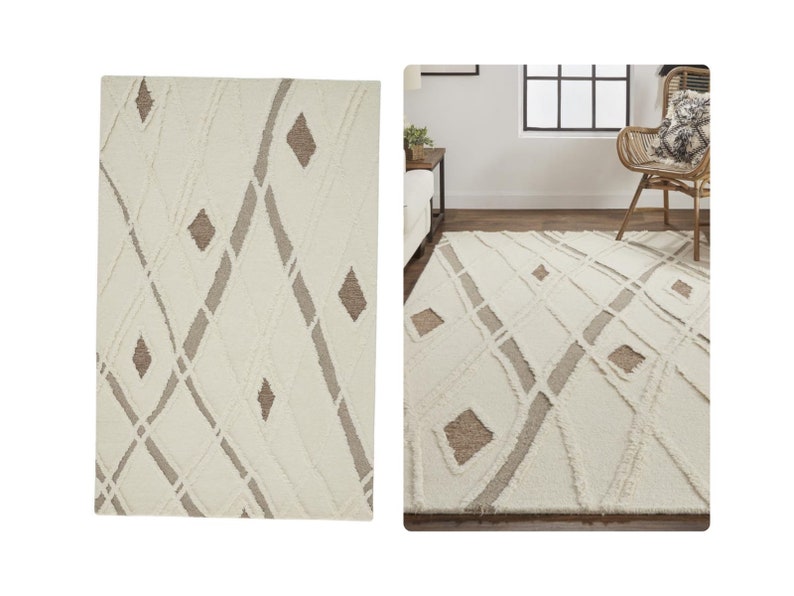 14 x 16 Wool Rug | Cream Color | Hand Tufted, 8x10, 8x11, 8x13, 9x10 | Funky Rug | Living Room | Contemporary Carpet