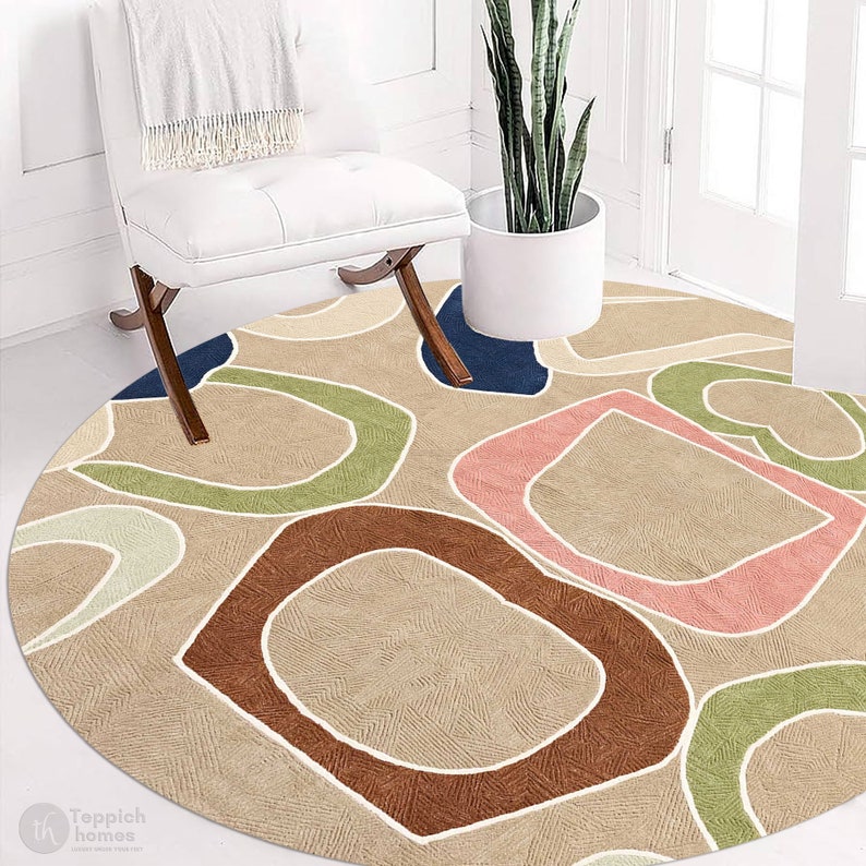 Contemporary Carpet | Round Rug, 7x7, 8x8, 9x9, 10x10 | Wool Area Rug | Hand Tufted | Bedroom Carpet