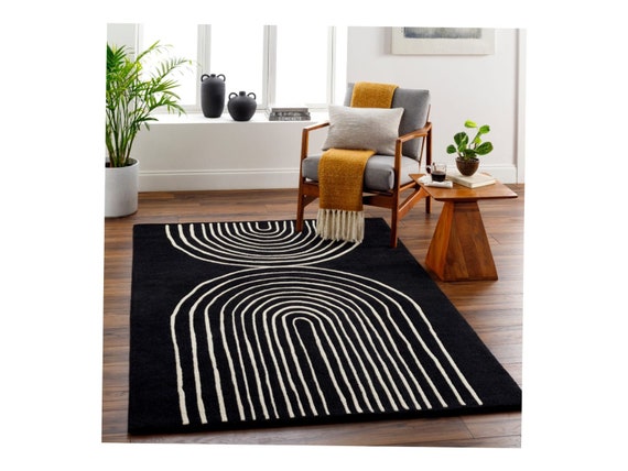 Black and White Rugs Hand Tufted, 8x10, 8x11, 9x13, 10x14
