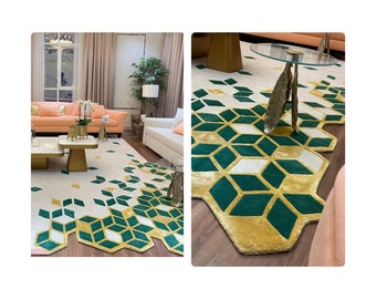 Emerald Green Tufted | Wool, Viscose Rug | 5x7, 5x8, 6x8, 6x9 | Handmade Rug | Living Room | Irregular Shaped Carpet