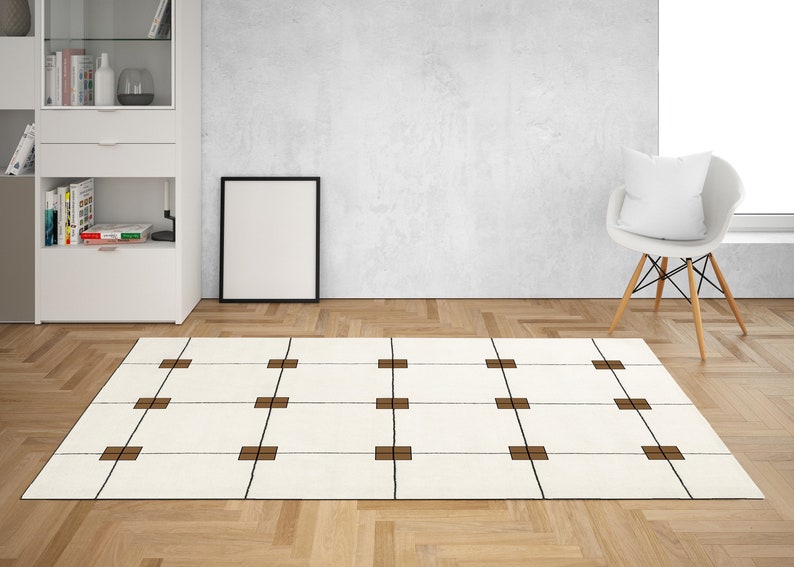 White Color Rug | Tufted | 5x7, 5x8, 7x10, 6x9 | Wool Area Rugs | Geometric Block Design | Living, Bedroom | Tufting