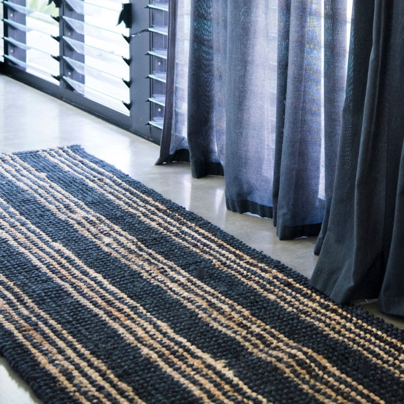 Black Jute Runner | Jute Rug | Black and Natural 9 by 12 Rug | Hand Woven Rug Runner | Braided Runner Rug