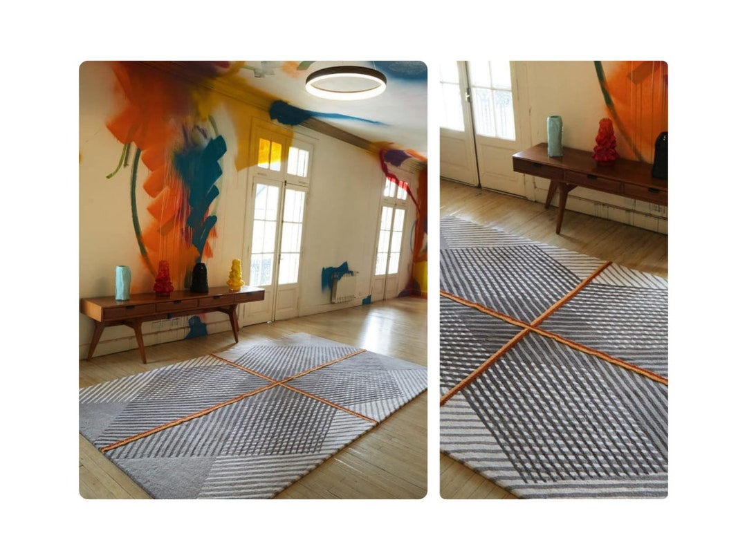 Light Grey Tufted Wool Rug 8x10 Wool Area Rugs Geometric Rugs 5x8, Wool