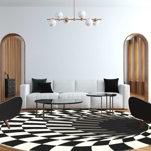 Illusion Tufted Rug | Handmade | 6x6, 7x7, 8x8 | Circle Rug | Black, White Color | Bedroom | Dinning Room | Wool Round Carpet