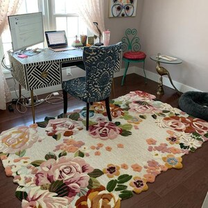 Flower Tufted Rug Cream Area Rug 6x9, 6x10, 7x10, 8x10 Hand Tufted Dinning Room Bedroom Carpet afbeelding 7