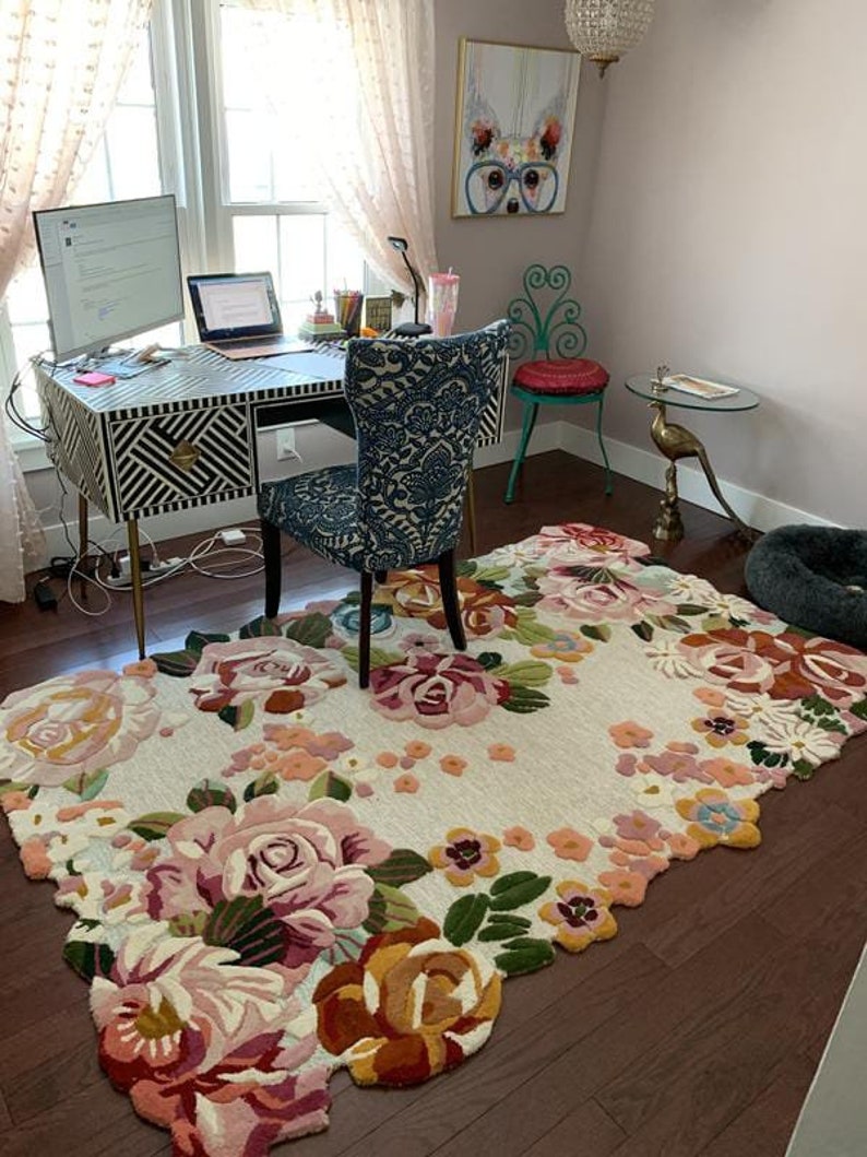 Flower Tufted Rug Cream Area Rug 6x9, 6x10, 7x10, 8x10 Hand Tufted Dinning Room Bedroom Carpet afbeelding 7