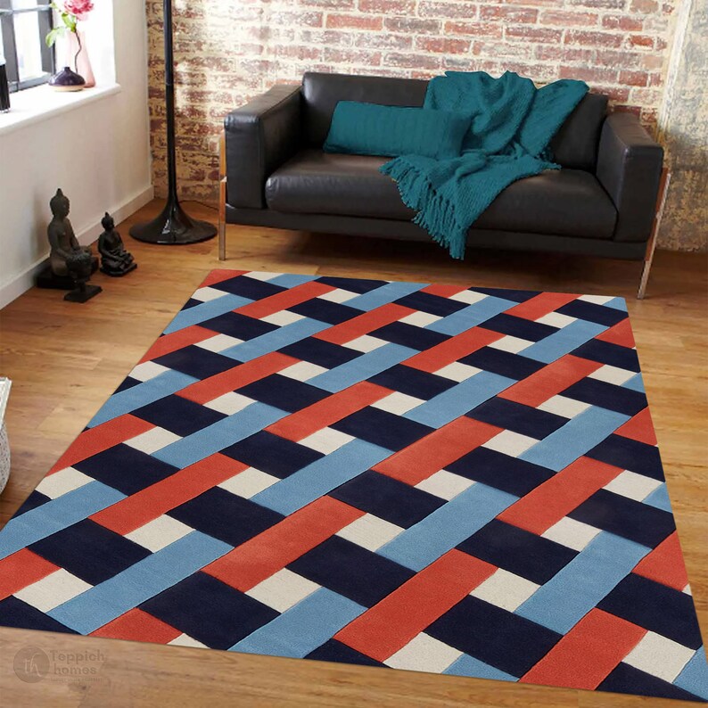 Blue Area Rug | Hand Tufted, 5x7, 8x10, 9x12, 10x13 | Wool Carpet | Rectangle Shape | Rug For Living Room