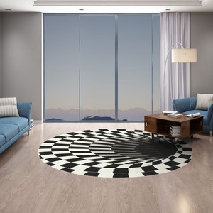 Illusion Tufted Rug | Handmade | 6x6, 7x7, 8x8 | Circle Rug | Black, White Color | Bedroom | Dinning Room | Wool Round Carpet