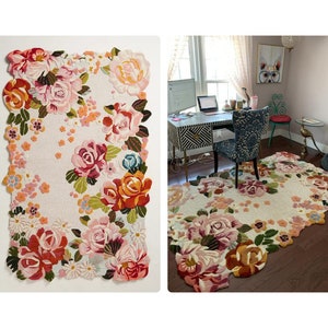 Flower Tufted Rug Cream Area Rug 6x9, 6x10, 7x10, 8x10 Hand Tufted Dinning Room Bedroom Carpet afbeelding 1