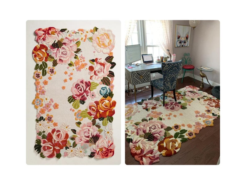 Flower Tufted Rug Cream Area Rug 6x9, 6x10, 7x10, 8x10 Hand Tufted Dinning Room Bedroom Carpet image 1