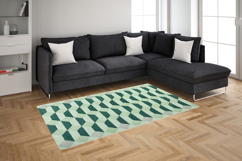 Rug Green Color | 5x7, 6x8, 8x10, 9x12 | Large Area Rug | Wool Carpet | Hand Tufted | Living Room