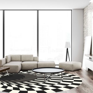 Illusion Tufted Rug | Handmade | 6x6, 7x7, 8x8 | Circle Rug | Black, White Color | Bedroom | Dinning Room | Wool Round Carpet