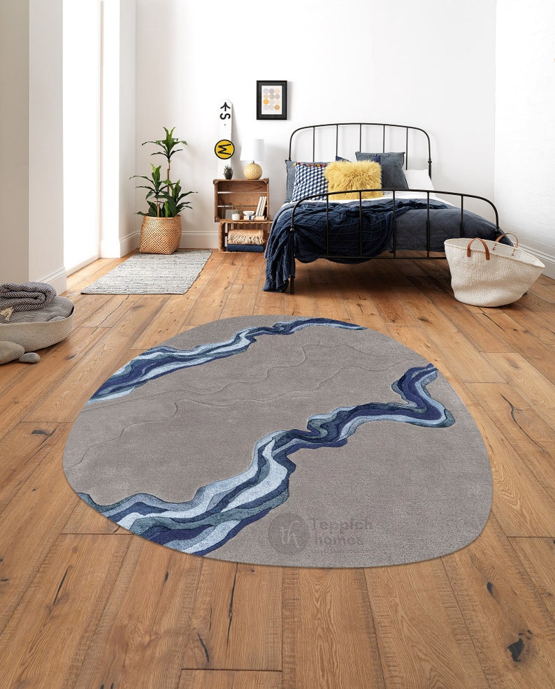 Tufted Oval Rug | 8x10, 8x11, 9x10, 9x12 | Living Room | Contemporary Carpet | Grey Color | Wool, Silk Rug