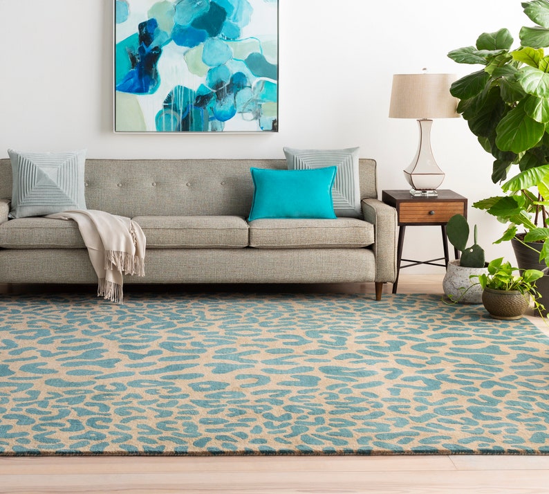 Tufted, 7x10, 8x10, 8x11, 8x13 | Large Area Rug | Blue Color | Handmade | Woollen Carpet | Animal Print Rug