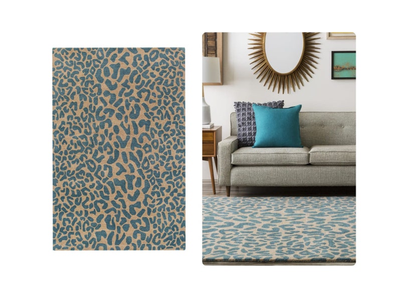 Tufted, 7x10, 8x10, 8x11, 8x13 | Large Area Rug | Blue Color | Handmade | Woollen Carpet | Animal Print Rug