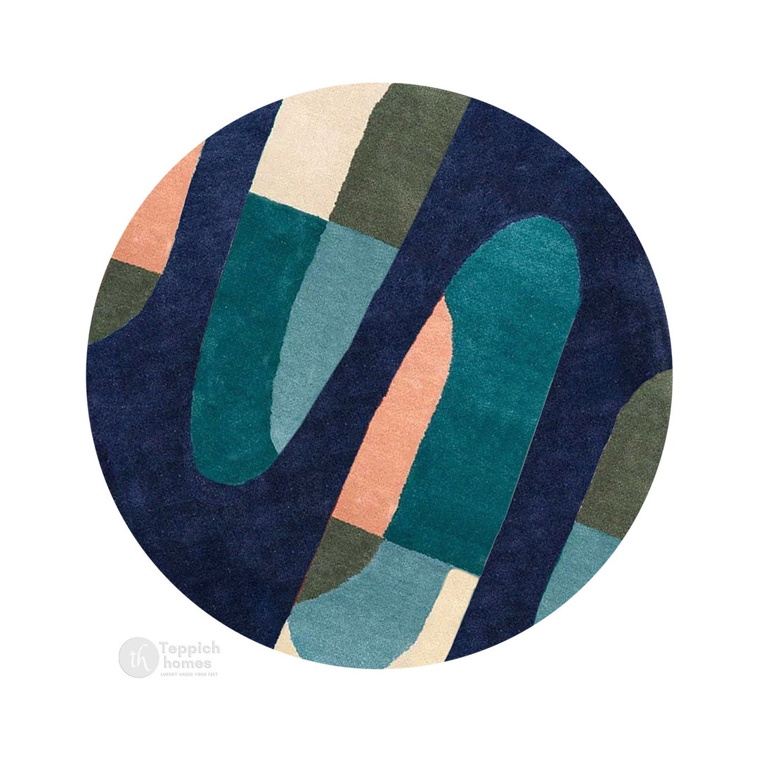Wool Round Rug Blue Circle Carpet 6x6, 7x7, 8x8 Hand Tufted Living Room