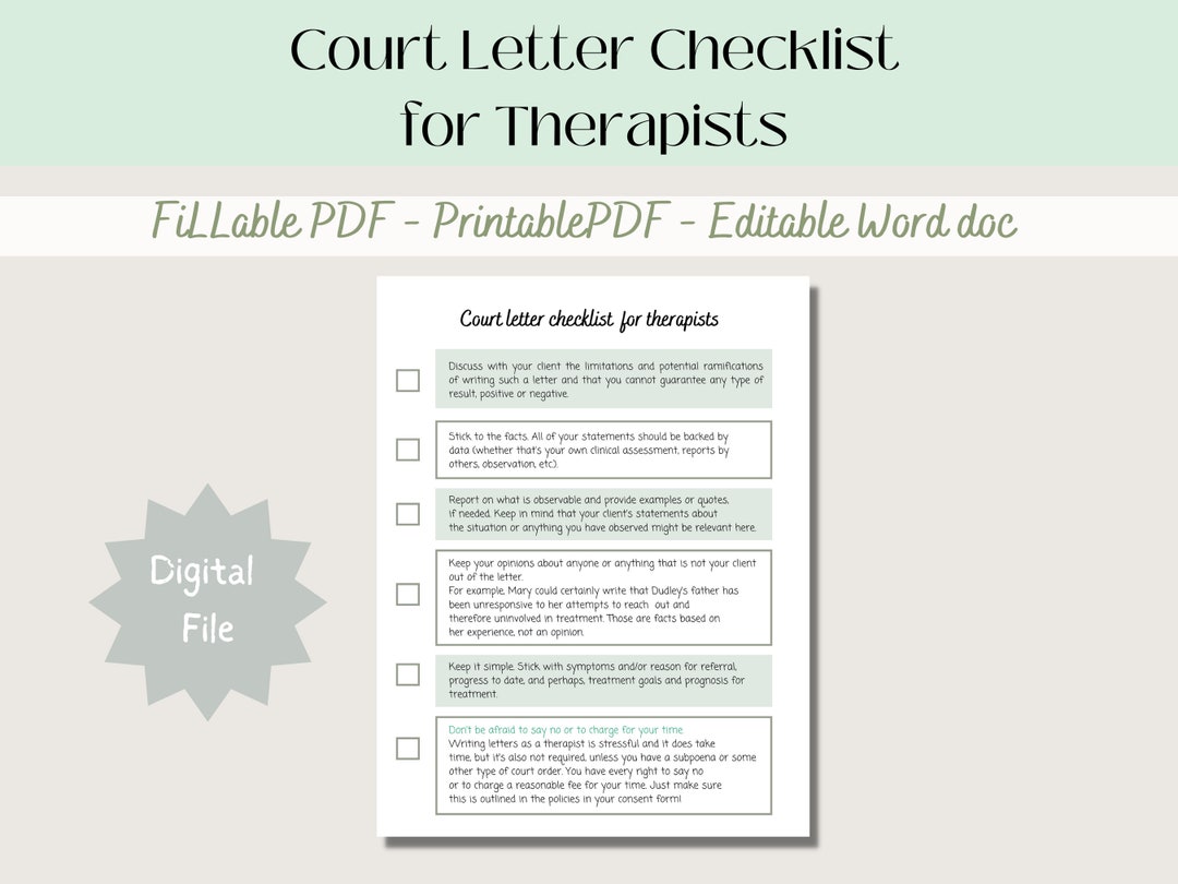 Court Letter Checklist For Therapists Printable Fillable Etsy