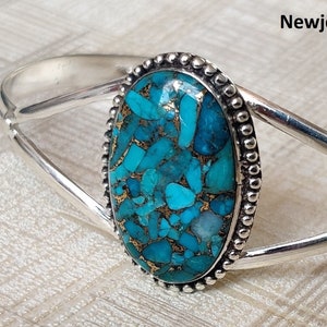 Brazalete de cobre azul y turquesa, plata de ley 925, hermoso brazalete, brazalete de piedras preciosas, brazalete ajustable, llamativo, brazalete apilable, capas