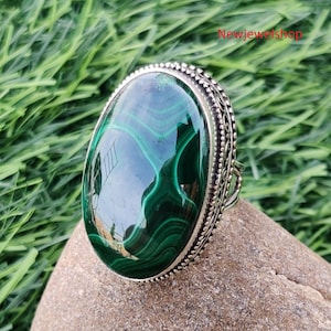 Genuine Malachite, 925 Sterling Silver Ring, Oval Shape Stone,Brides Ring, Handmade Jewelry, Princess Ring, Gift For Her, Anxiety Ring,