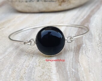 Onice nero autentico, argento sterling puro, gioielli fatti a mano, bracciale astrologico, bracciale con pietra ovale, pietra aperta, gioielli per occasioni speciali, festival,