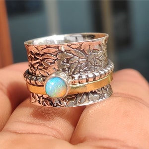 Opal Ring, Spinner Ring, 925 Sterling Silver, Silver Spinner, Opal Jewelry, Hammered Wide Ring, Meditation Ring, Gift For Her
