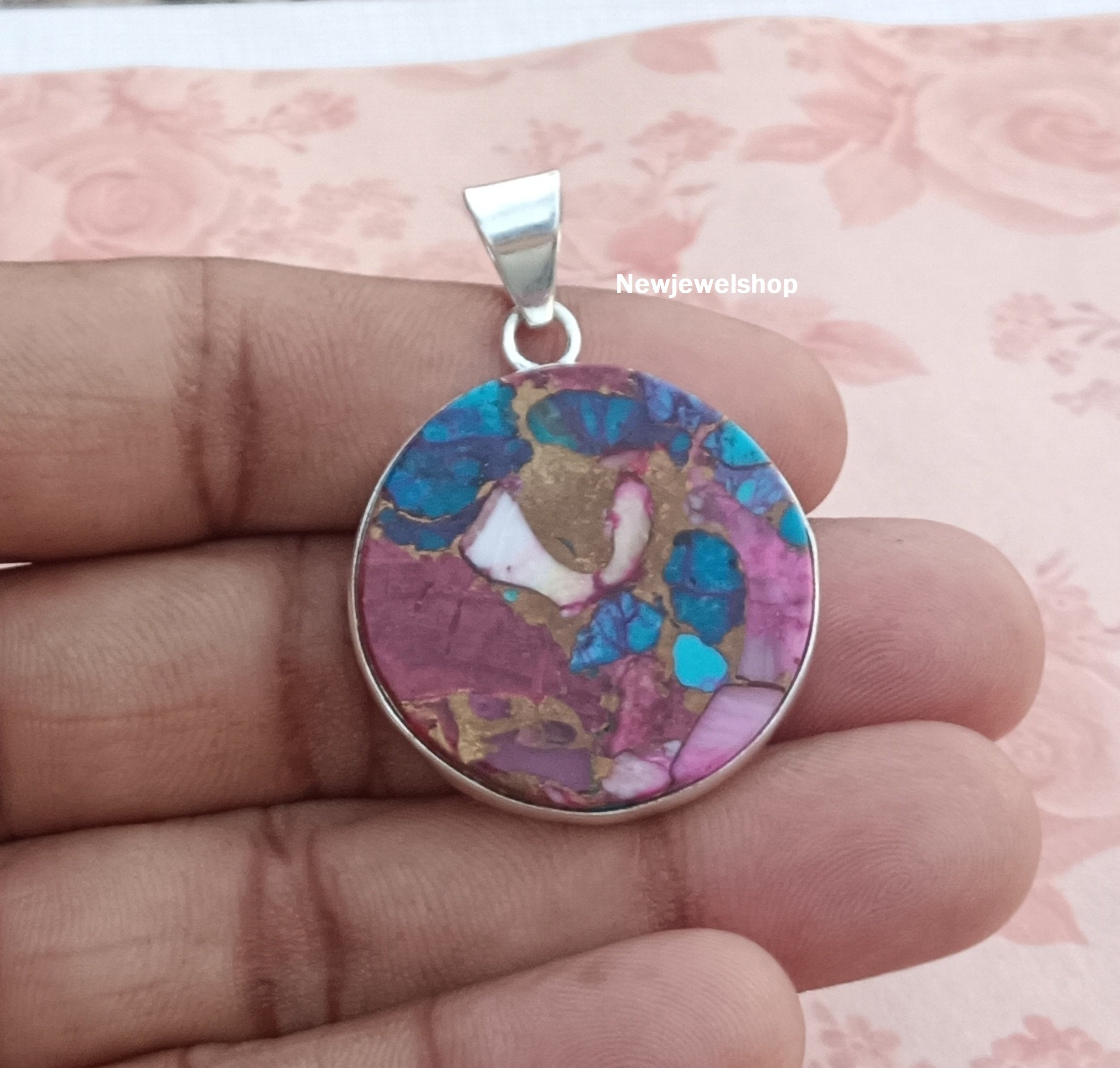 Handmade Rosa Kupfer Türkis Anhänger: 925 Sterling Silber